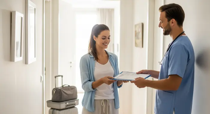 Pflegende Tochter übergibt die Betreuung an einen ambulanten Pfleger, Koffer im Flur deutet auf Urlaub hin, entspanntes Lächeln.