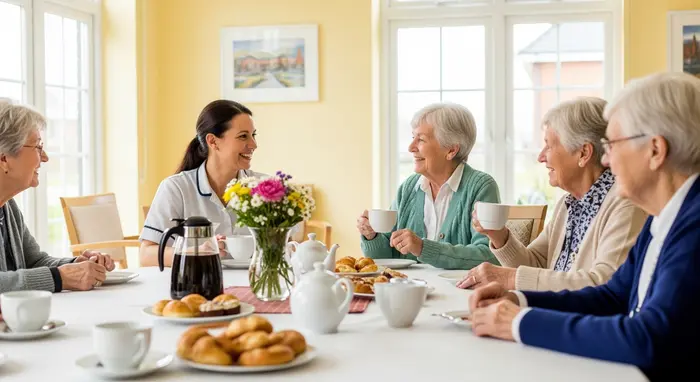 Seniorengruppe in einer freundlichen Tagespflegeeinrichtung beim gemeinsamen Kaffeetrinken, Pflegekraft spricht lächelnd mit den Teilnehmenden.