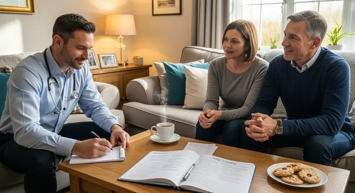 Gutachter des Medizinischen Dienstes sitzt mit Familie am Couchtisch, notiert Beobachtungen, Pflegetagebuch liegt offen, freundliche Wohnatmosphäre.