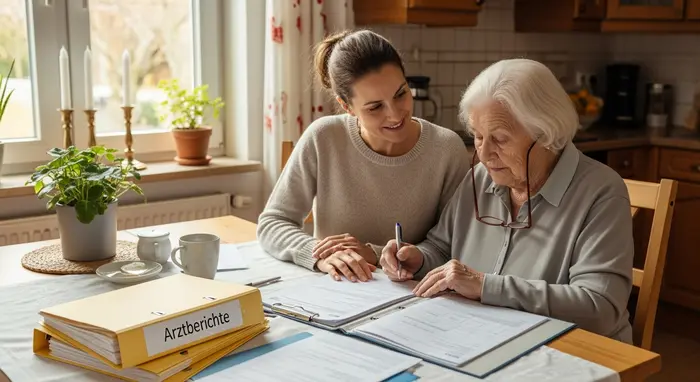 Pflegende Tochter füllt mit ihrer Mutter Formulare am Küchentisch aus, Ordner mit Arztberichten, Lesebrille und Stift.