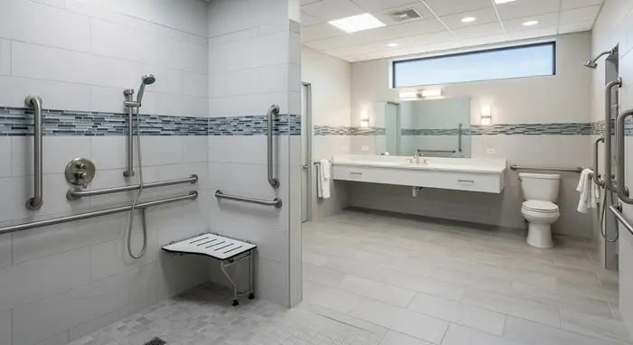 Barrierefreies Badezimmer mit bodengleicher Dusche, Haltegriffen und Duschsitz, modern und hell, rutschfester Boden.