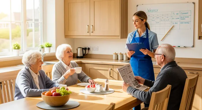Kleine ambulante Wohngemeinschaft: drei Senioren am Esstisch, eine Präsenzkraft koordiniert, helle Gemeinschaftsküche.