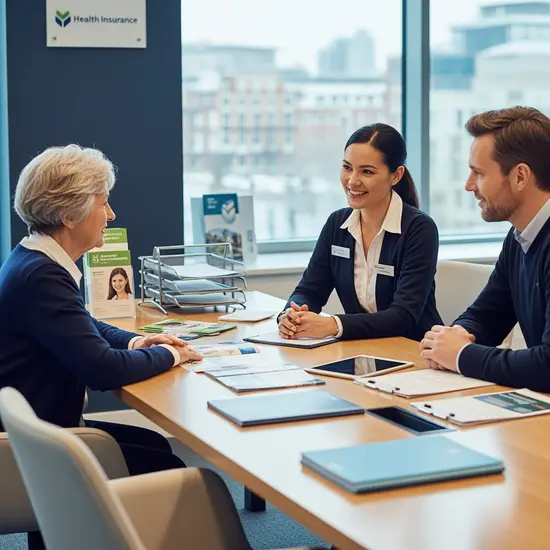 Beratungsszene in moderner Krankenkassen-Geschäftsstelle: Mitarbeiterin spricht freundlich mit Seniorin und Angehörigem am Tisch, Unterlagen liegen bereit.