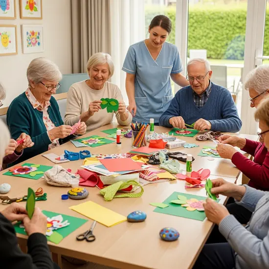 Tagespflege: Seniorinnen und Senioren sitzen an einem großen Tisch und basteln gemeinsam, Betreuungsperson unterstützt.