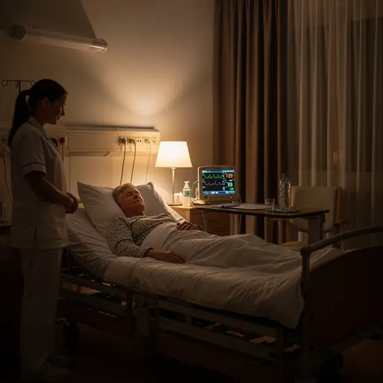 Nachtpflege: Senior schläft ruhig in einem gut beleuchteten Pflegezimmer, Nachtwache kontrolliert diskret.