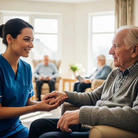 Pflegerin hält die Hand eines älteren Bewohners im Aufenthaltsraum, empathische Betreuung.