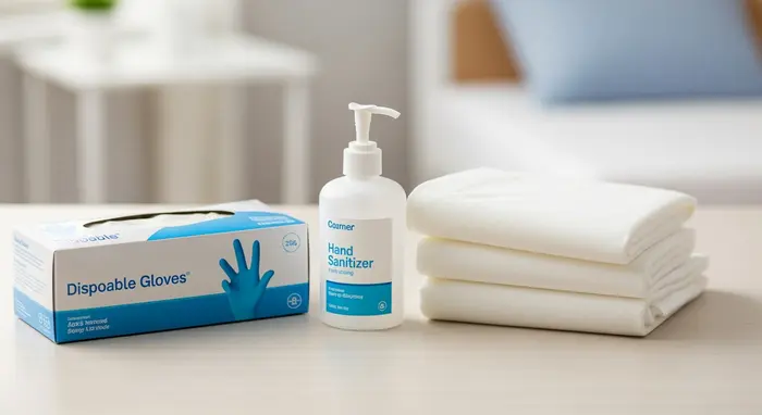 Set aus Einmalhandschuhen, Desinfektionsmittel und Bettschutzeinlagen ordentlich auf einem Tisch arrangiert.