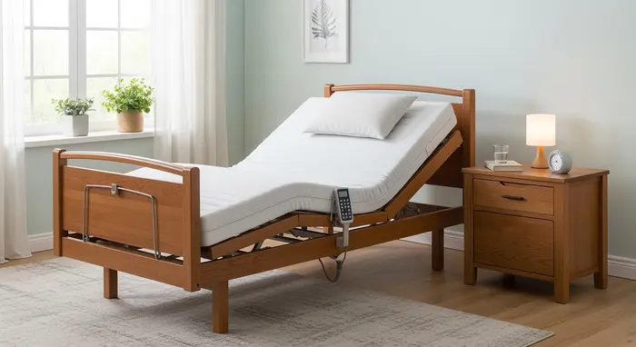 Pflegebett mit höhenverstellbarer Liegefläche in einem hellen Schlafzimmer, Nachttisch daneben.