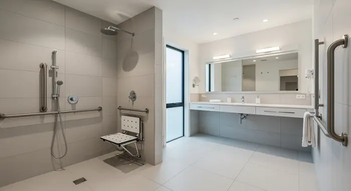 Modernes, barrierefreies Bad mit ebenerdiger Dusche, Haltegriffen und Duschsitz.