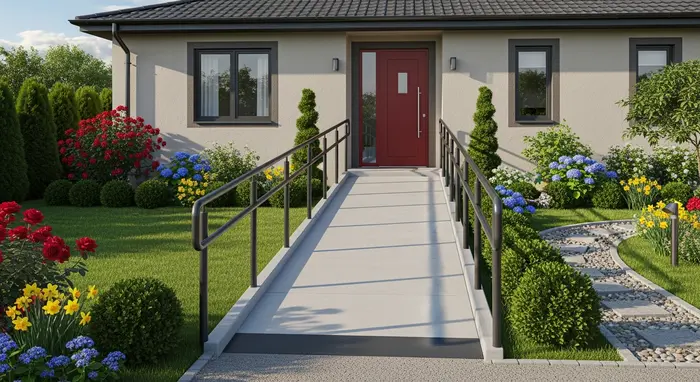 Flache Rampe am Hauseingang ermöglicht rollstuhlgerechten Zugang, gepflegter Vorgarten.