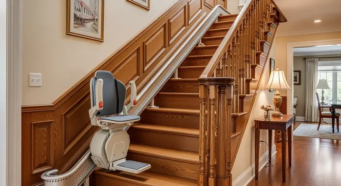 Treppenlift an einer Holztreppe in einem Einfamilienhaus, sichere Sitzvorrichtung.