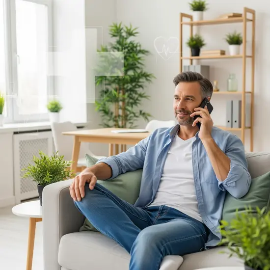 Mann mittleren Alters telefoniert entspannt in heller Wohnung, Symbolbild für 24/7-Servicehotline einer Krankenkasse.