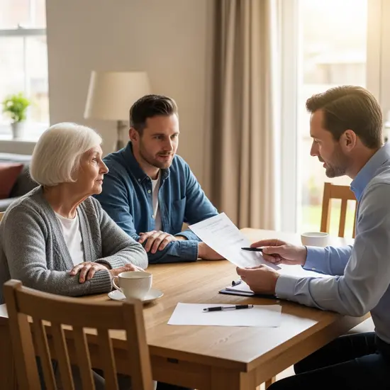 Pflegeberater erklärt einer Seniorin und ihrem Sohn den Antrag zum Pflegegrad am Esstisch.