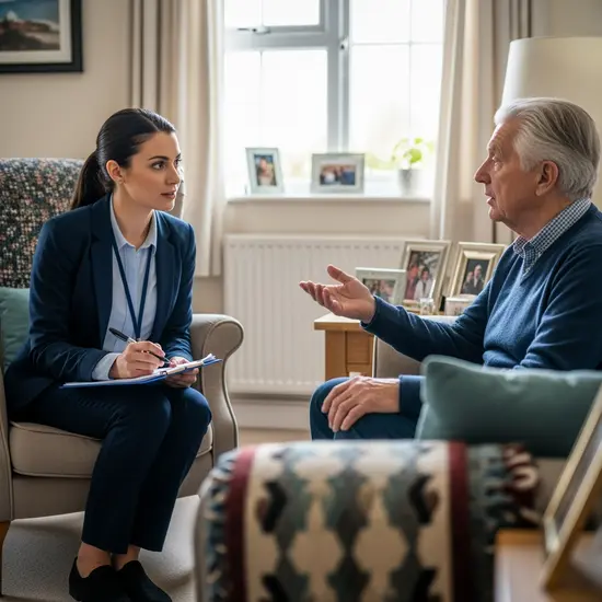 Medizinische Gutachterin besucht Senior zu Hause, notiert Beobachtungen auf einem Klemmbrett.