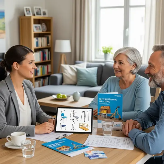 Pflegeberaterin besucht eine Familie zu Hause, bespricht Hilfsmittel und Unterstützungsangebote.