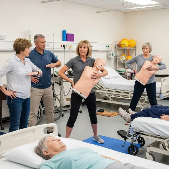 Trainer zeigt rückenschonende Hebetechniken in einem Pflegekurs, Angehörige üben mit.