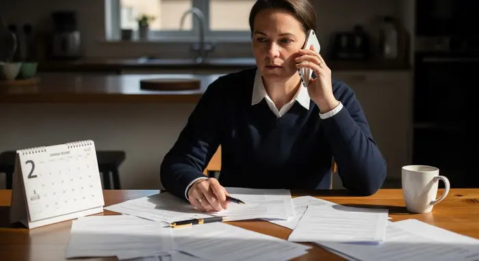 Berufstätige Person sitzt am Küchentisch mit Papieren und Kalender, telefoniert mit der Pflegekasse.