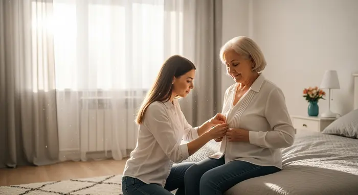 Tochter hilft ihrer älteren Mutter beim Anziehen im hellen Schlafzimmer, sanfte Morgenstimmung.