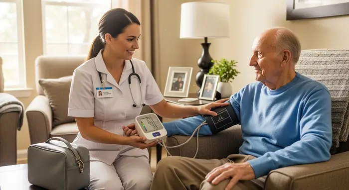 Ambulante Pflegekraft besucht Senior in seiner Wohnung, misst Blutdruck mit mobilen Geräten.