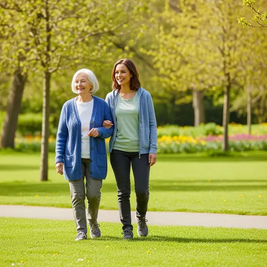 Ältere Dame spaziert begleitet von Alltagsbegleiterin im grünen Park, beide lächeln.