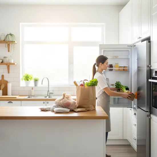 Haushaltshilfe räumt in einer hellen Küche Einkäufe ein, saubere Umgebung.