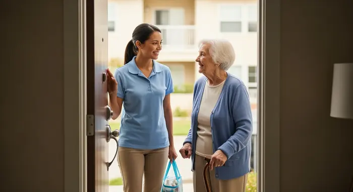 Pflegekraft begrüßt freundlich eine Seniorin an der Wohnungstür, Entlastungseinsatz beginnt.