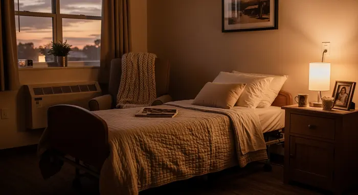 Gemütliches Zimmer in einer Kurzzeitpflege-Einrichtung, gepflegtes Bett und Sessel, abends warmes Licht.