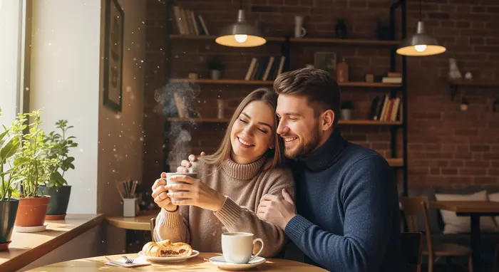 Paar genießt eine kurze Auszeit im Café, lächelt entspannt, Symbol für Entlastung.