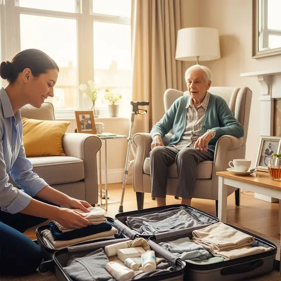 Pflegebedürftiger Senior wird für eine Kurzzeitpflegeeinrichtung vorbereitet: Koffer packen mit Kleidung und Pflegeartikeln, helle Wohnung.