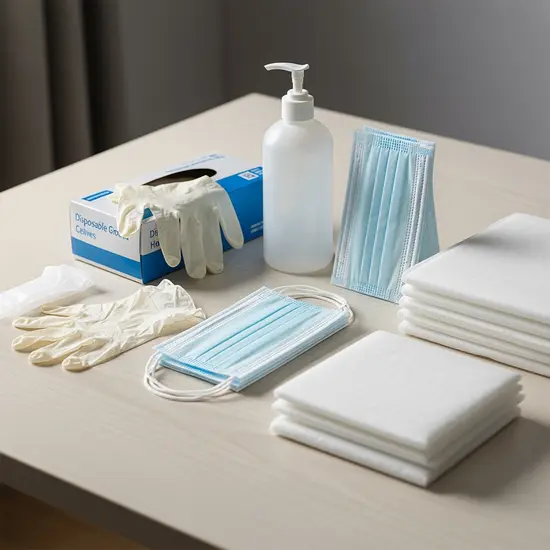 Zusammenstellung von Pflegehilfsmitteln zum Verbrauch: Einmalhandschuhe, Desinfektionsmittel, Masken und Bettschutzeinlagen ordentlich arrangiert auf einem Tisch.