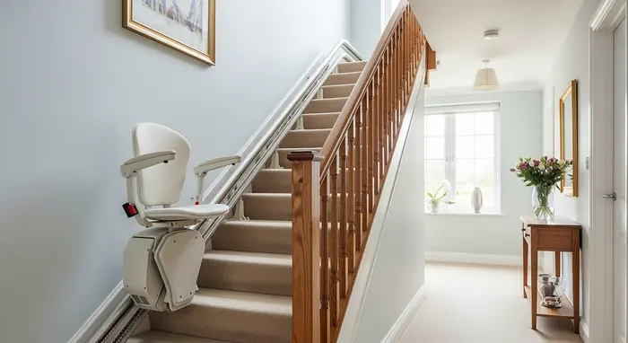 Treppenlift in einem Einfamilienhaus, gepflegter Flur, klare Darstellung der Schienenführung.