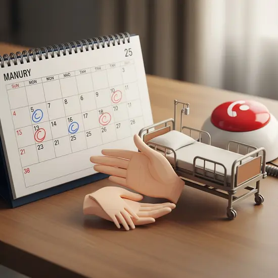 Illustrative Szene mit mehreren Symbolen: Kalender, Pflegebett, Hausnotruf und helfende Hände auf einem Tisch arrangiert, ohne Text.