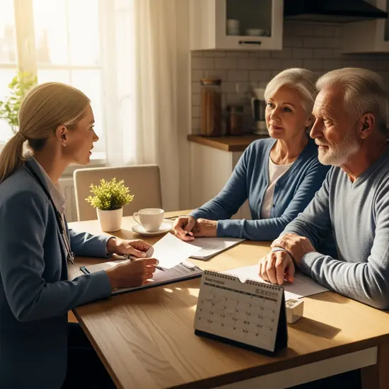 Pflegeberaterin spricht mit älterem Ehepaar am Küchentisch, Unterlagen und Kalender liegen bereit, warme Tageslichtstimmung.