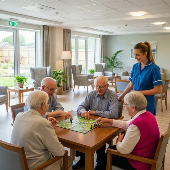 Modernes Pflegeheim mit hellem Aufenthaltsraum, Seniorengruppe spielt Brettspiel, Pflegekraft lächelt.