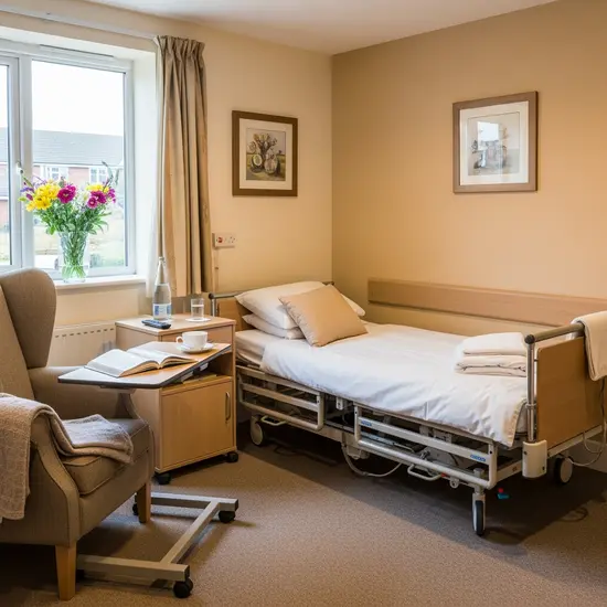 Einzelzimmer im Pflegeheim mit Pflegebett, gemütlichem Sessel und Blumen am Fenster.