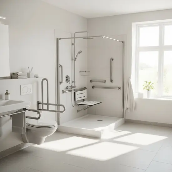 Badezimmer mit bodengleicher Dusche, Haltegriffen und Duschsitz, hell und barrierefrei.