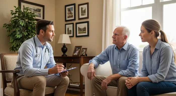 MD-Gutachter im Wohnzimmer mit Klemmbrett spricht mit Senior und Tochter, ruhige Atmosphäre.