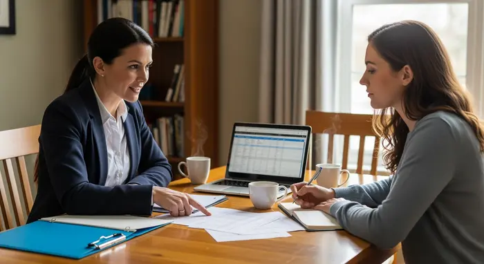Pflegeberaterin und Tochter einer Seniorin erstellen gemeinsam einen Versorgungsplan am Esstisch.
