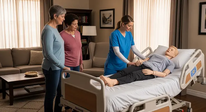 Pflegefachkraft zeigt Angehörigen rückenschonende Lagerungstechnik an Pflegebett im Wohnzimmer.