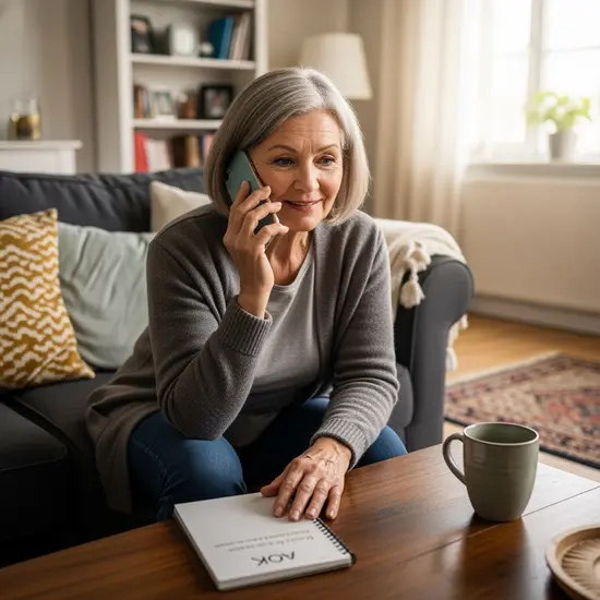 Seniorin telefoniert entspannt im Wohnzimmer, Notizblock mit AOK-Kontaktdaten neben ihr.