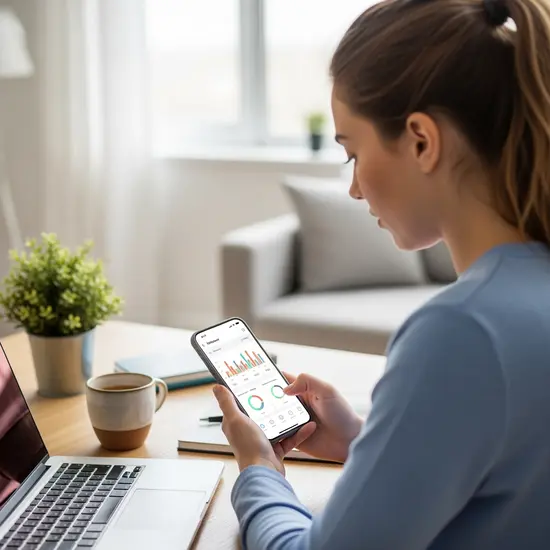 Junge Frau nutzt eine Gesundheits-App auf dem Smartphone am Schreibtisch, ohne sichtbare Texte.