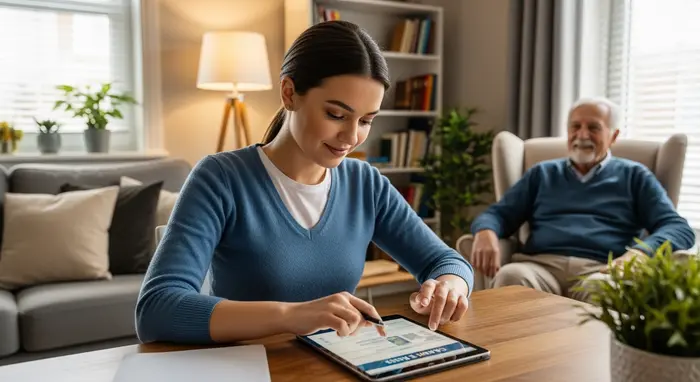 Junge Angehörige plant Pflegeaufgaben am Tablet, Senior im Hintergrund lächelt, gemütliche Wohnumgebung.