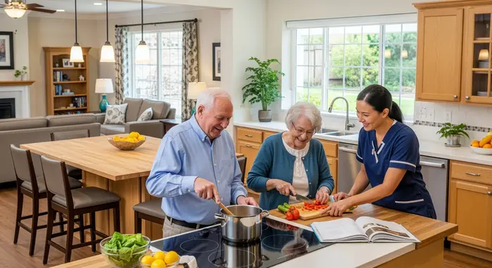 Gemeinschaftsraum einer betreuten Wohngruppe: große Wohnküche, zwei Senioren kochen gemeinsam, Betreuungskraft hilft.
