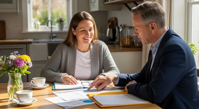 Pflegende Tochter bespricht mit Berater Unterlagen zur sozialen Absicherung am Küchentisch.