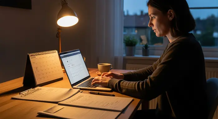 Berufstätige pflegende Angehörige arbeitet am Laptop, Kalender und Pflegedokumente nebeneinander, ruhige Abendstimmung.