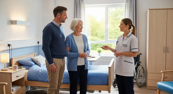 Seniorin und Sohn besichtigen Pflegeheim-Zimmer, Pflegekraft erklärt freundlich den Ablauf.