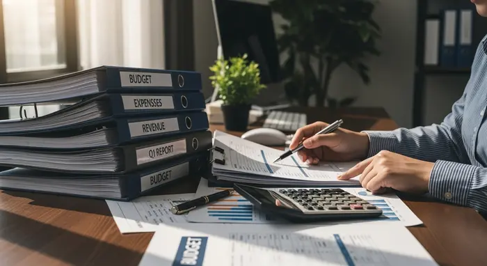 Symbolische Szene: Stapel Aktenordner und Taschenrechner auf Schreibtisch, Person prüft Budgetunterlagen.