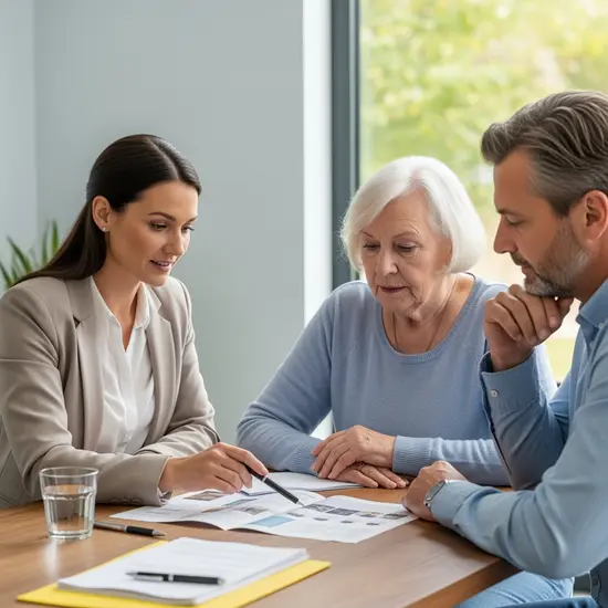 Seniorin und Sohn sprechen mit Pflegeberaterin, die auf Unterlagen zeigt.