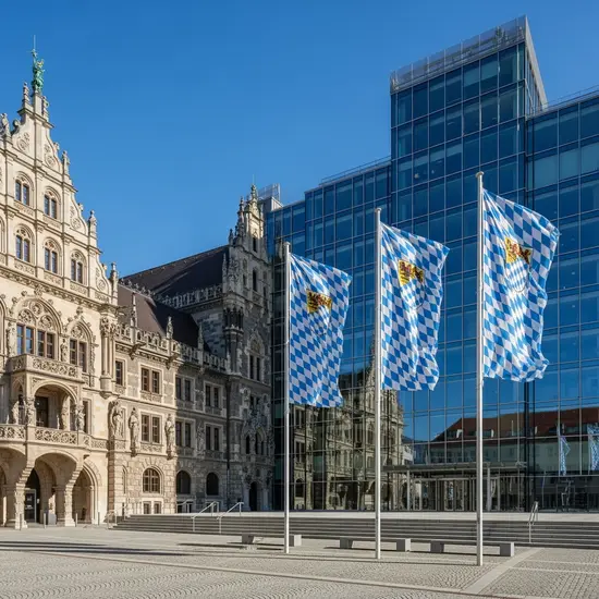 Historisches und modernes Verwaltungsgebäude in Bayern, Flaggen im Wind, klarer Himmel.