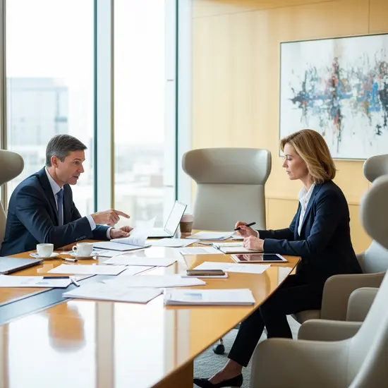 Vorstandssitzung: Zwei Führungskräfte diskutieren Unterlagen in hellem Konferenzraum.